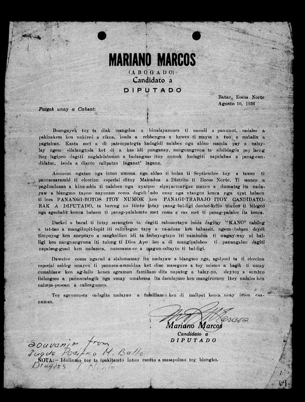 Campaign letter of Mariano Marcos, 1936 (In Ilocano) (from the digitized PCGG files) 