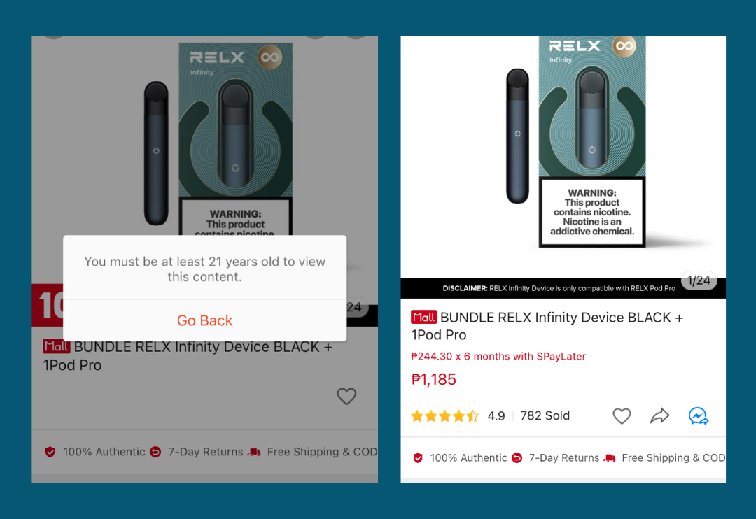 Screen grabs of a famous vape product sold on Shopee, taken on different dates.