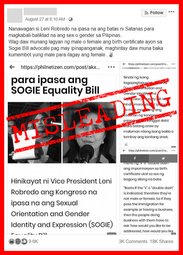 VERA FILES FACT CHECK: MISLEADING FB post ties Robredo’s endorsement for SOGIE bill with support for removing sex assignments at birth