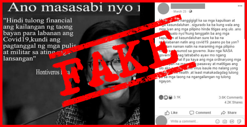 VERA FILES FACT CHECK: Hontiveros quote card on removing police from streets the right response to COVID-19 FAKE